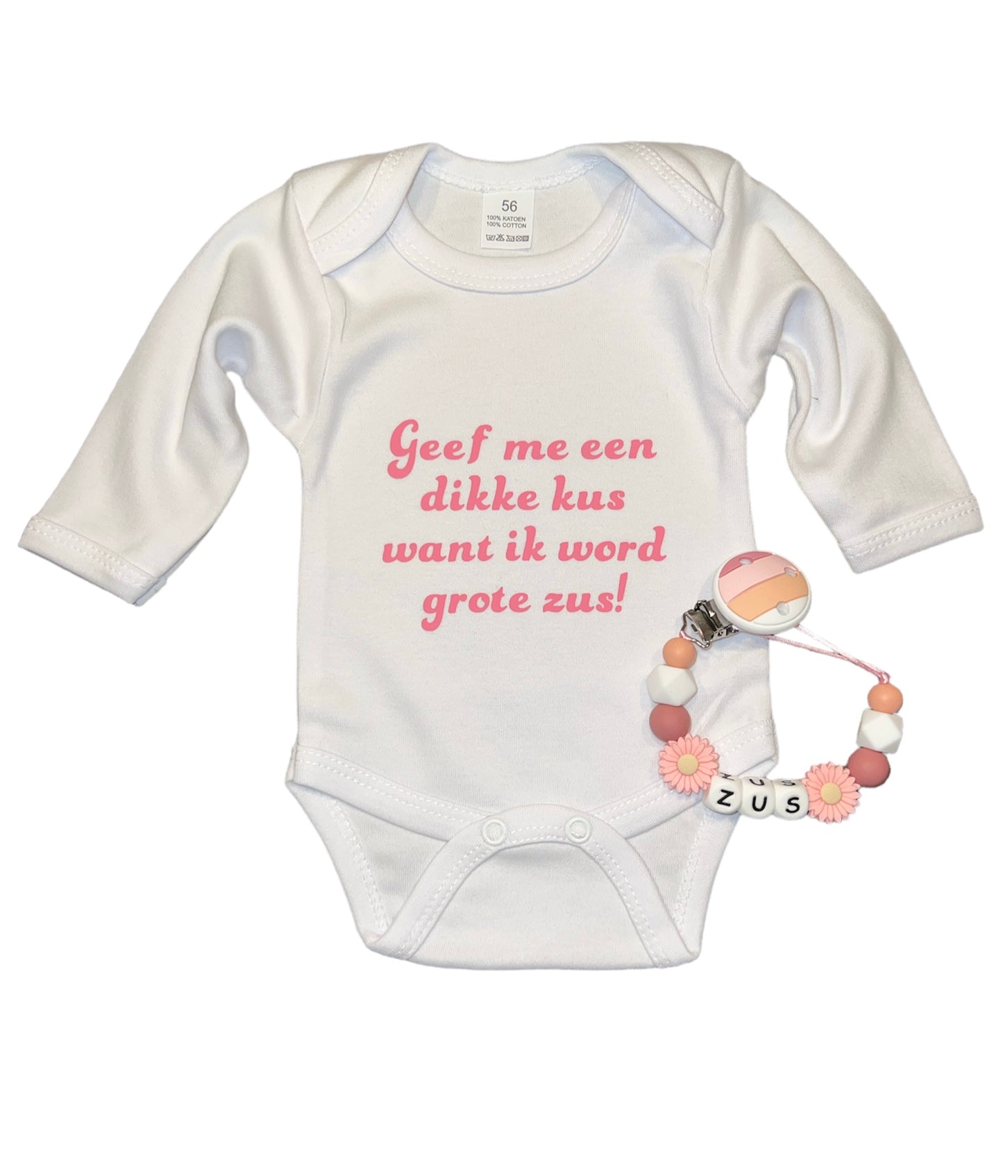 Baby romper met tekst - geef me een dikke kus want ik word grote zus!