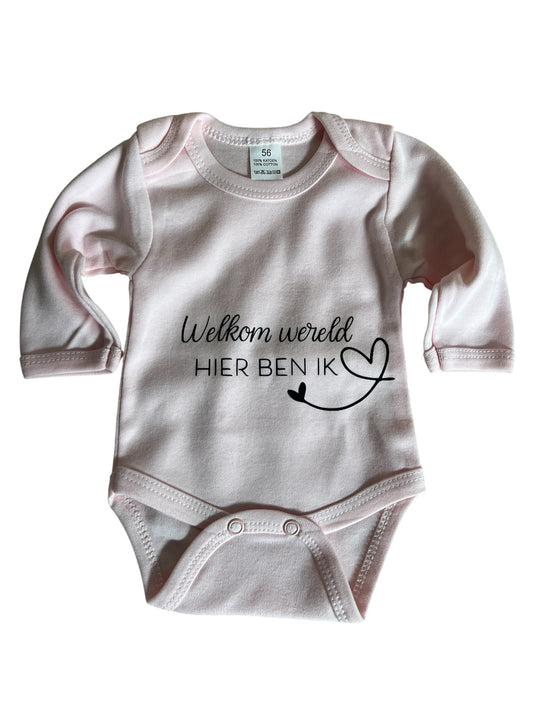 Baby romper met tekst - hallo wereld, hier ben ik